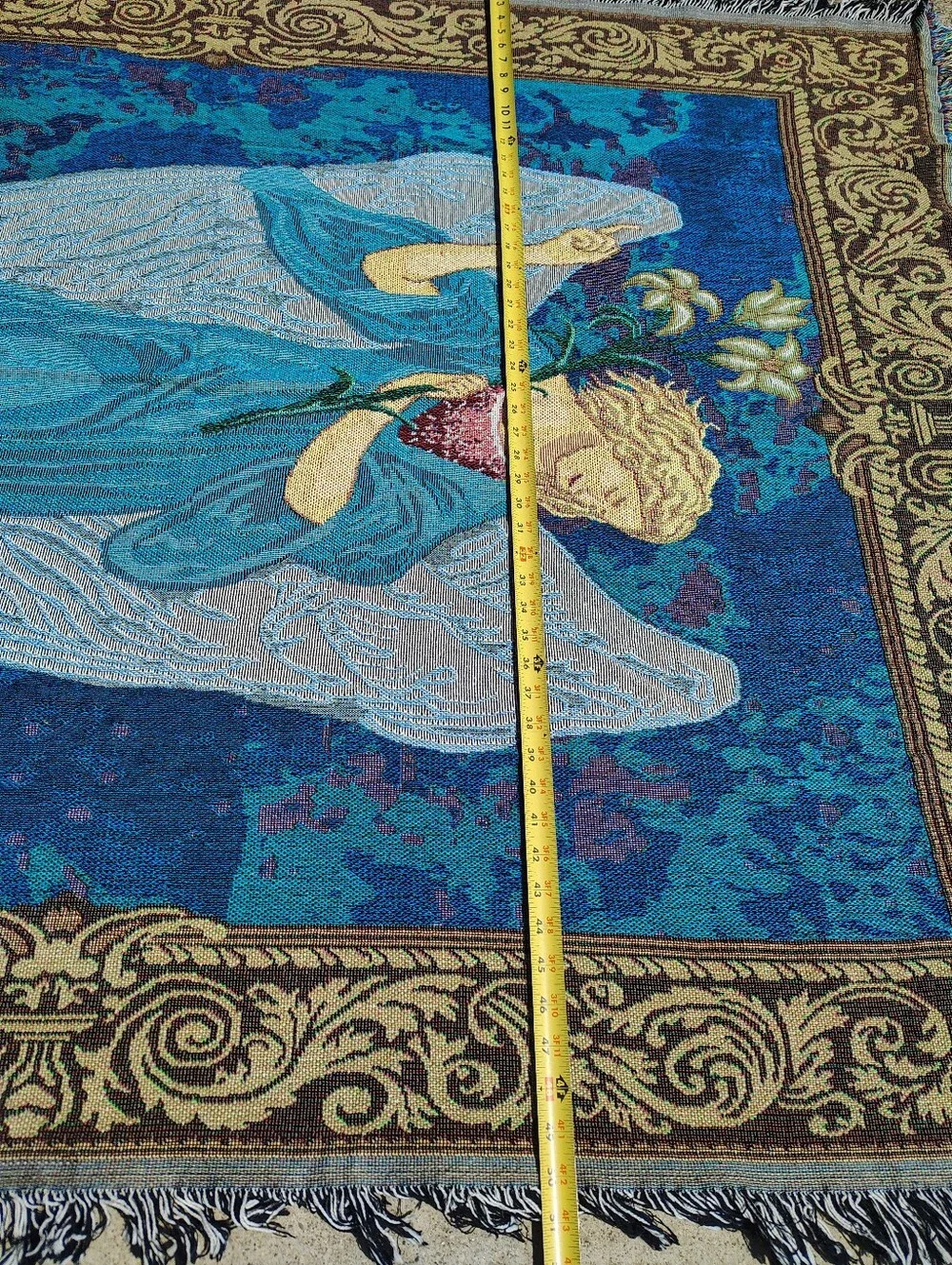 Vtg Woven Tapestry Throw Blanket Angel Callas Lilies USA Jacquard Fringe 50 X 67